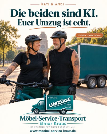 Kati und Andi im Kampagnenmotiv: Die beiden sind KI. Euer Umzug ist echt.
