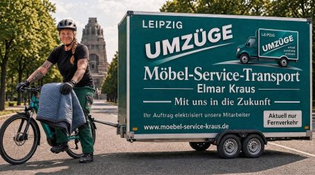 Kati mit Fahrrad und riesigem Umzugsanhänger vor dem Leipziger Völkerschlachtdenkmal – fiktive KI-Satire