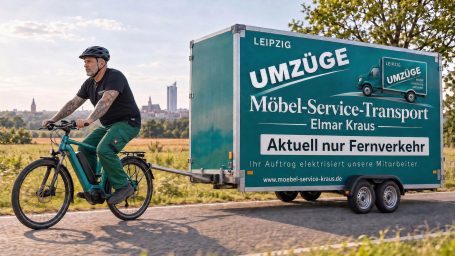 Andi zieht mit dem Fahrrad einen übergroßen Umzugsanhänger – fiktive KI-Satire